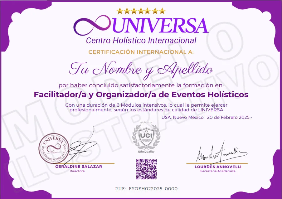 Certificado Internacional como Facilitadora y Organizadora de Eventos Holísticos