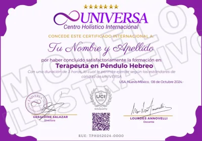 Certificado Péndulo hebreo - Clase Intensiva - UNIVERSA Centro Holístico Internacional