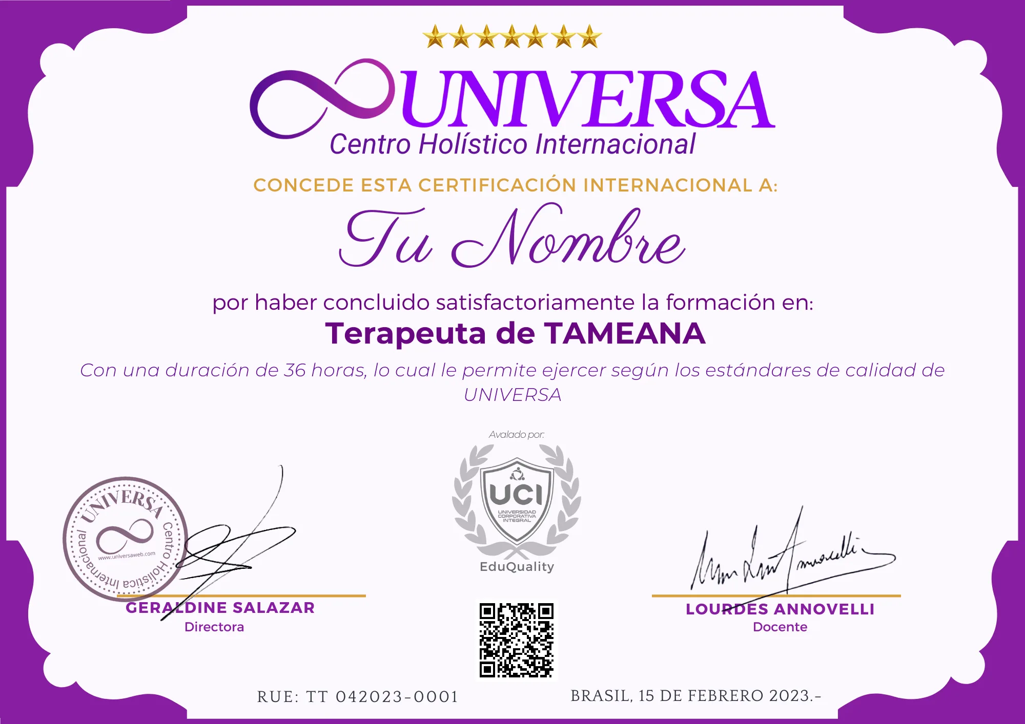 Certificado Internacional Tameana