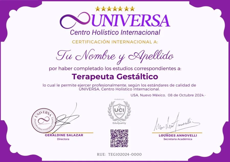 Certificado Internacional Terapeuta en Gestáltico - UNIVERSA Centro Holístico internacional