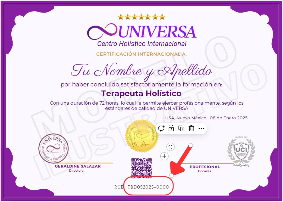 Ubicación del número RUE en el certificado UNIVERSA