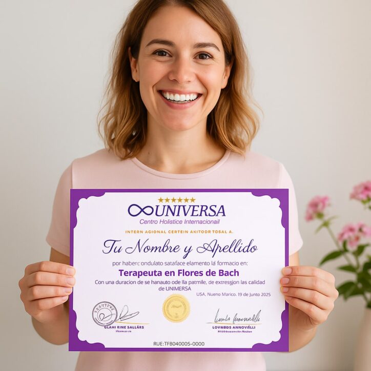 Mujer sosteniendo certificado de Terapeuta en Flores de Bach