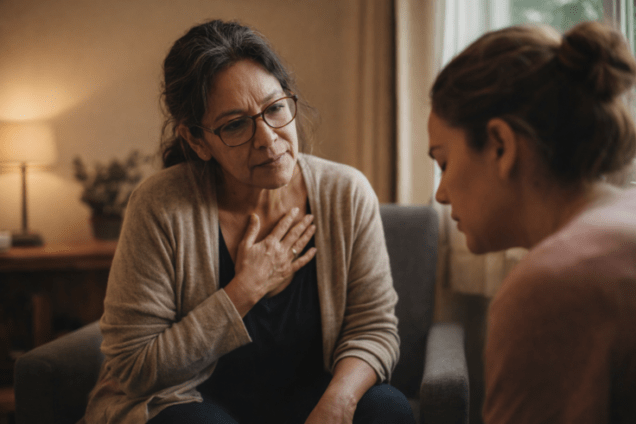 Terapeuta holística reflexionando sobre su práctica profesional