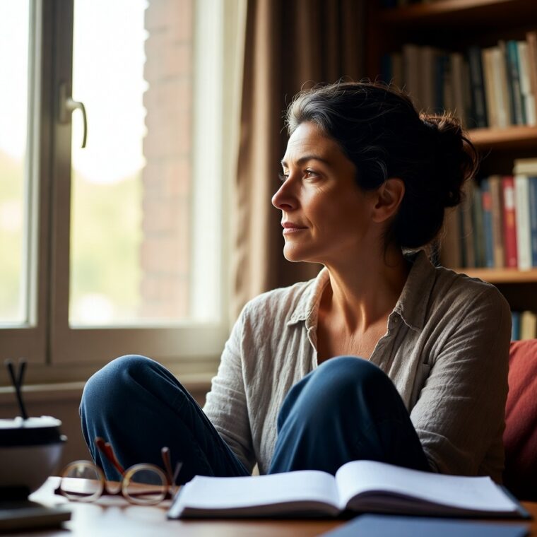 Terapeuta holística reflexionando sobre su práctica profesional