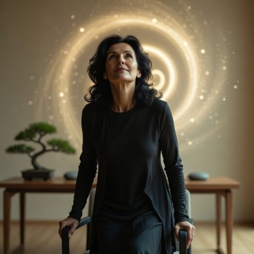 Mujer liberándose de cadenas con luz hipnótica dorada