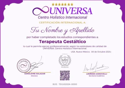 Certificado Internacional Terapeuta en Gestáltico - UNIVERSA Centro Holístico internacional